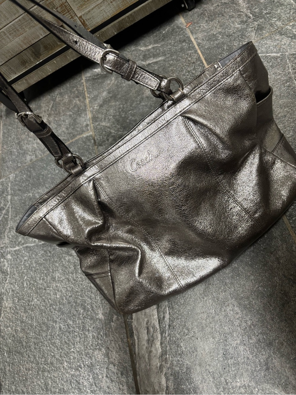 Coach Metallic Gunmetal Leather Tote